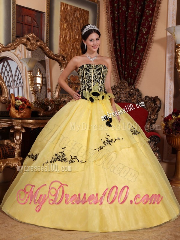 Lovely Yellow and Black Strapless Organza Embroidery Quinceanera Gown 2013