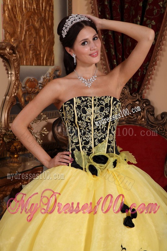 Lovely Yellow and Black Strapless Organza Embroidery Quinceanera Gown 2013