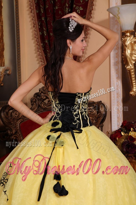 Lovely Yellow and Black Strapless Organza Embroidery Quinceanera Gown 2013
