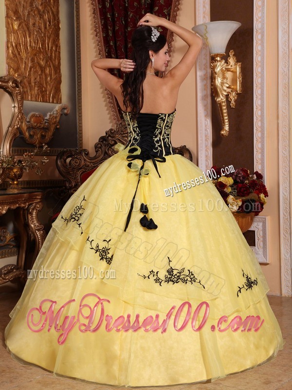 Lovely Yellow and Black Strapless Organza Embroidery Quinceanera Gown 2013