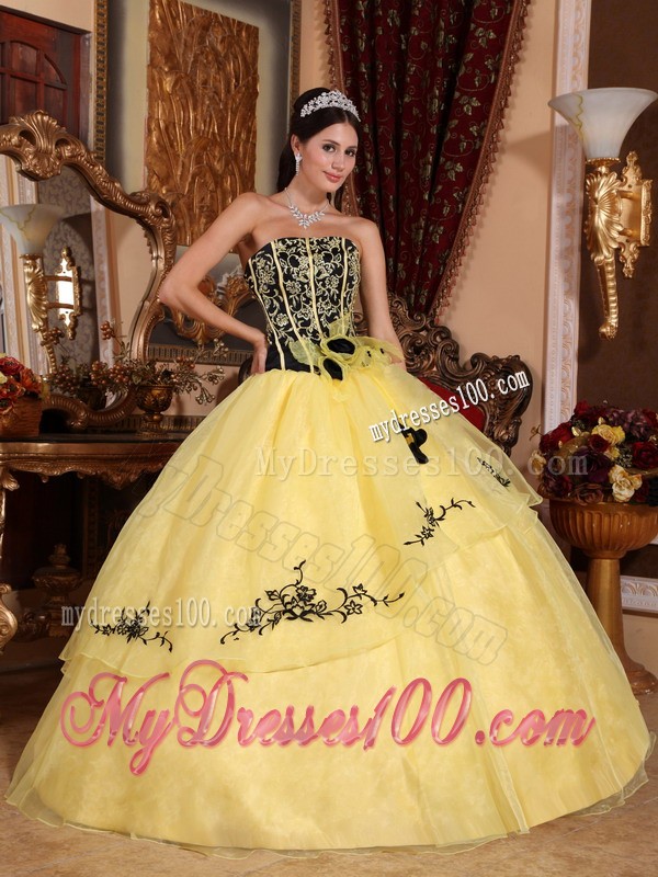 Lovely Yellow and Black Strapless Organza Embroidery Quinceanera Gown 2013