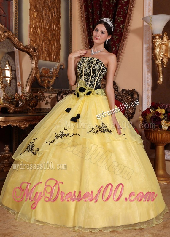 Lovely Yellow and Black Strapless Organza Embroidery Quinceanera Gown 2013