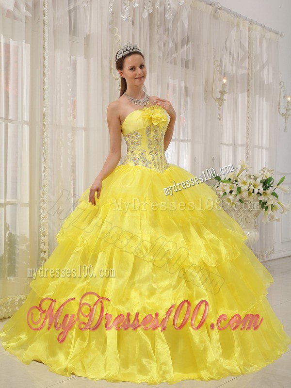 Yellow Strapless Beaded and Hand Made Flower Sweet 15 Dress