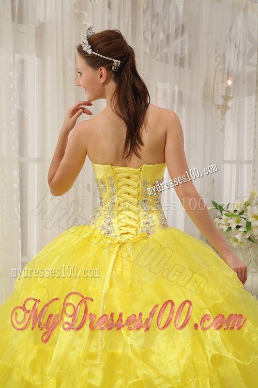 Yellow Strapless Beaded and Hand Made Flower Sweet 15 Dress
