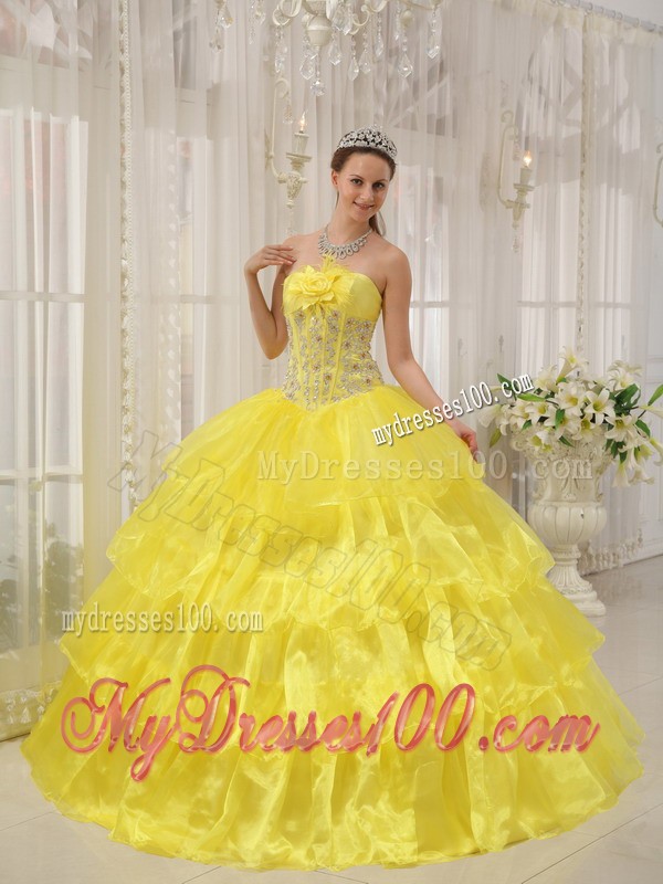 Yellow Strapless Beaded and Hand Made Flower Sweet 15 Dress