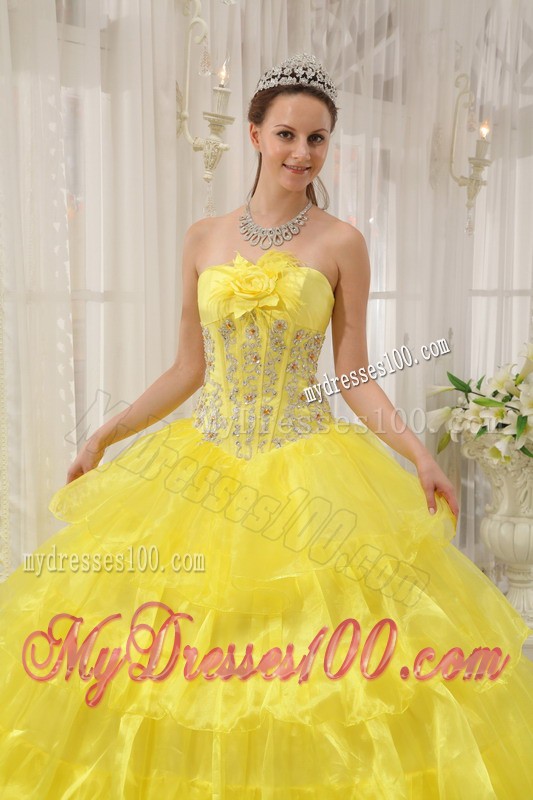 Yellow Strapless Beaded and Hand Made Flower Sweet 15 Dress