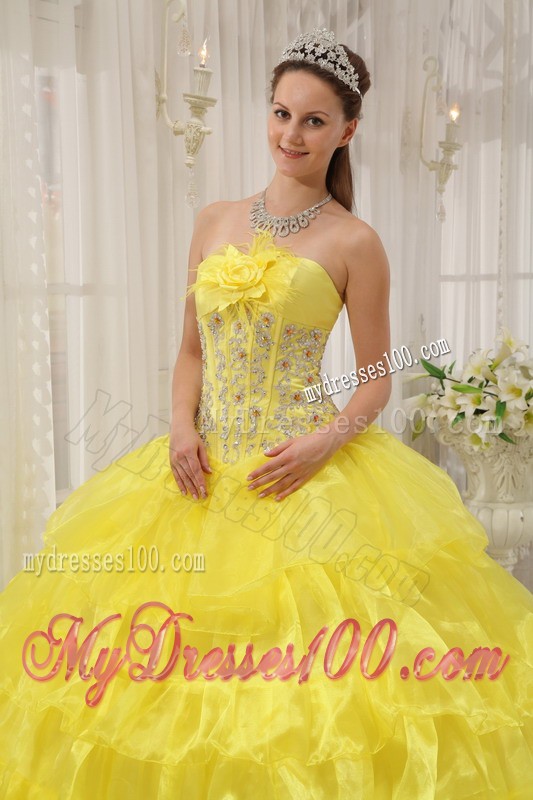 Yellow Strapless Beaded and Hand Made Flower Sweet 15 Dress