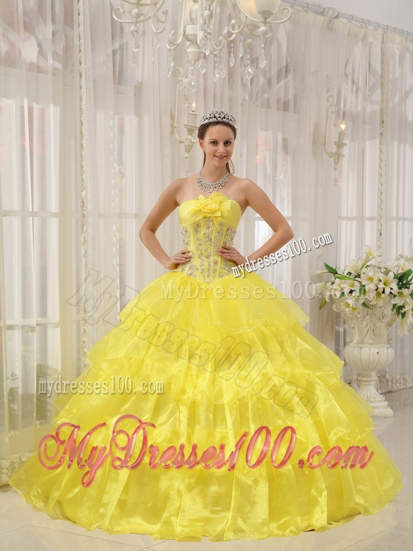 Yellow Strapless Beaded and Hand Made Flower Sweet 15 Dress