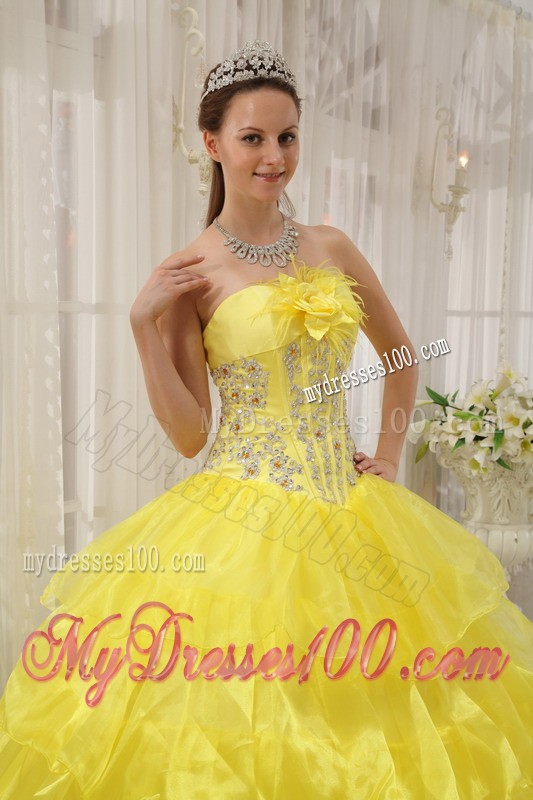Yellow Strapless Beaded and Hand Made Flower Sweet 15 Dress