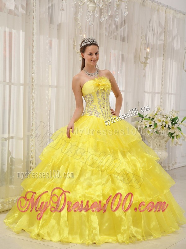 Yellow Strapless Beaded and Hand Made Flower Sweet 15 Dress