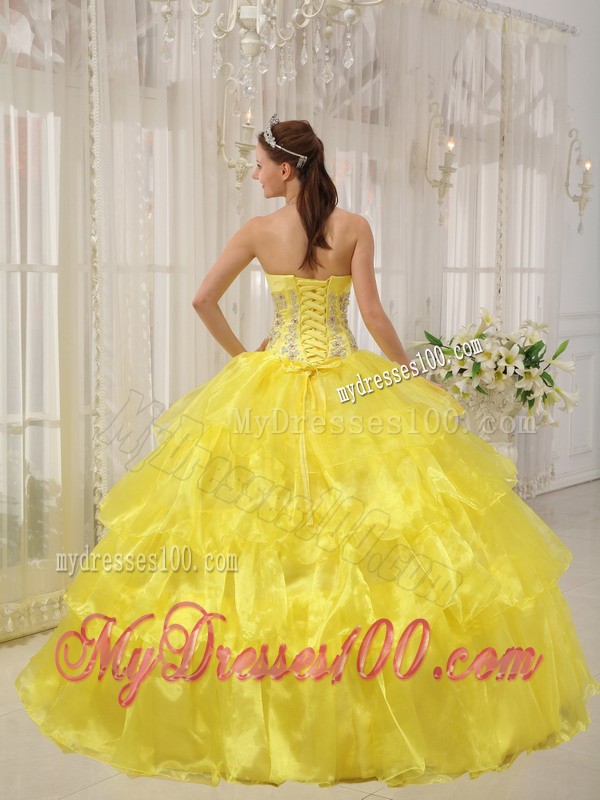 Yellow Strapless Beaded and Hand Made Flower Sweet 15 Dress