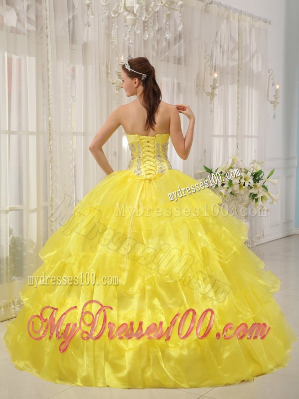 Yellow Strapless Beaded and Hand Made Flower Sweet 15 Dress