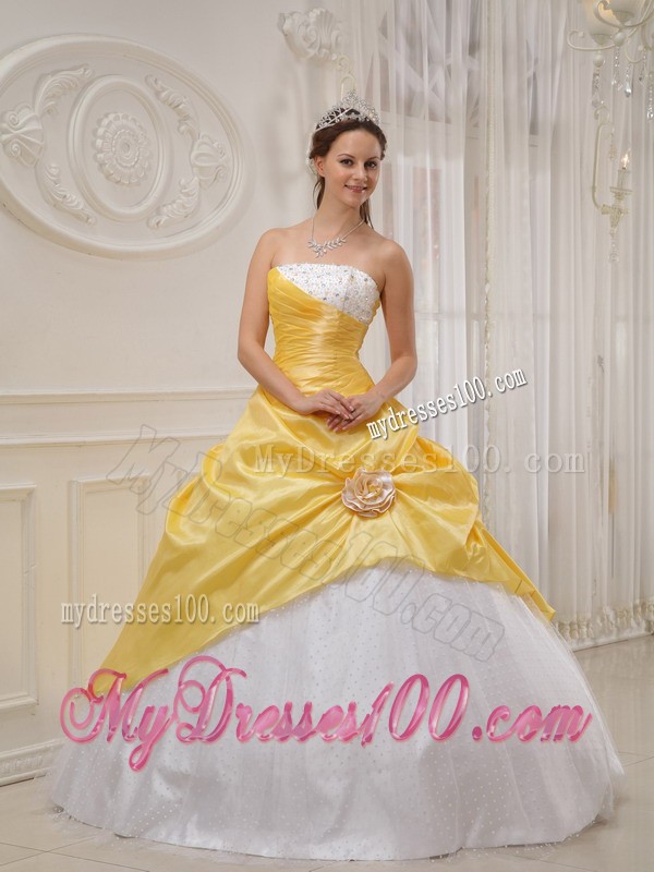 Beading and Hand Made Flower Yellow and White Quince Dress