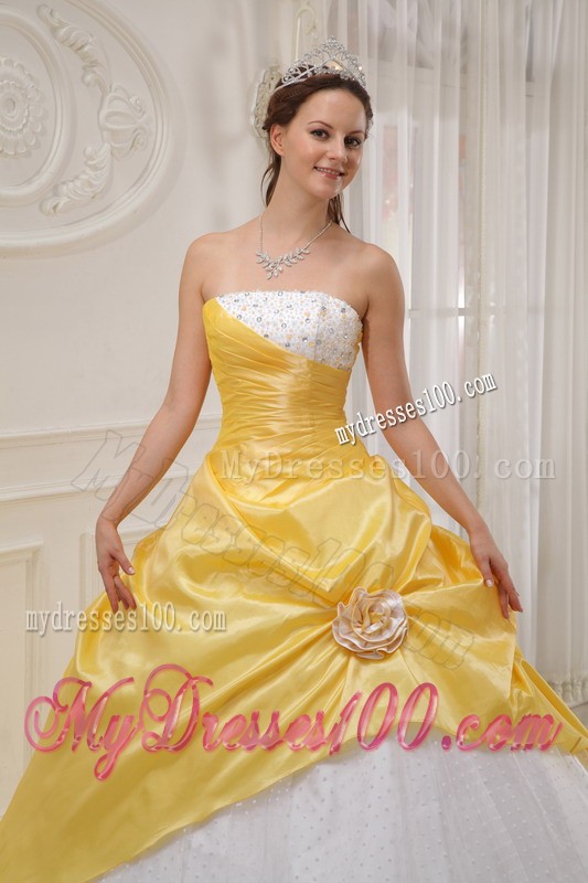 Beading and Hand Made Flower Yellow and White Quince Dress