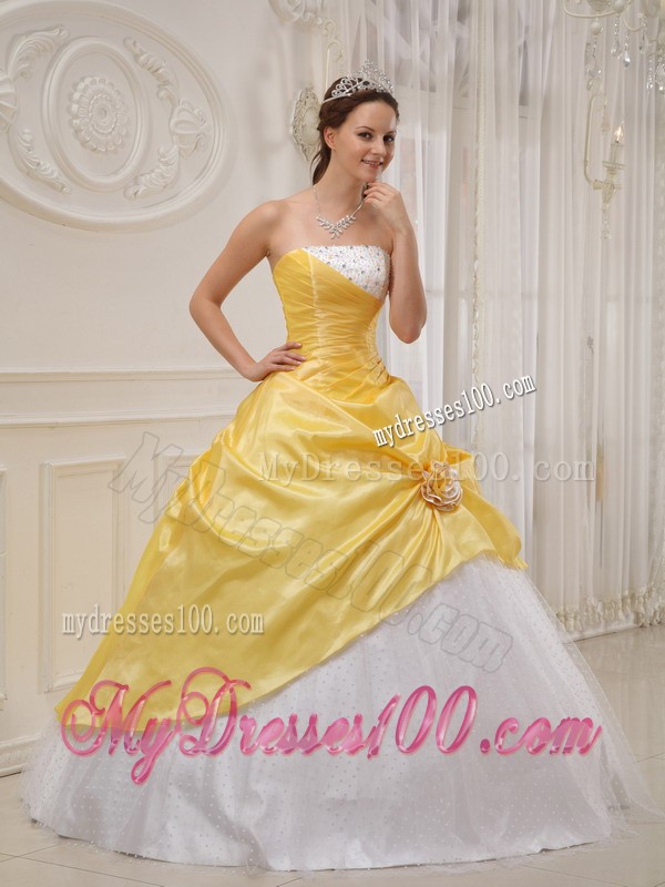 Beading and Hand Made Flower Yellow and White Quince Dress