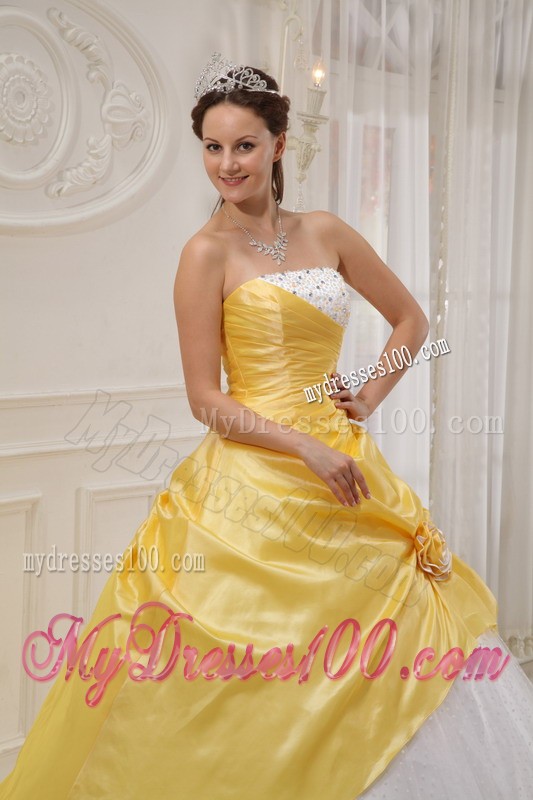 Beading and Hand Made Flower Yellow and White Quince Dress