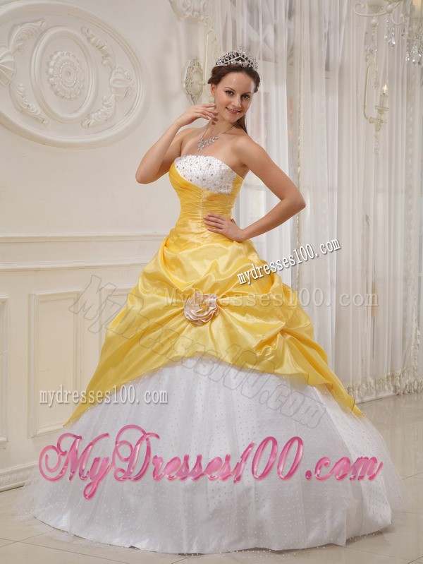 Beading and Hand Made Flower Yellow and White Quince Dress