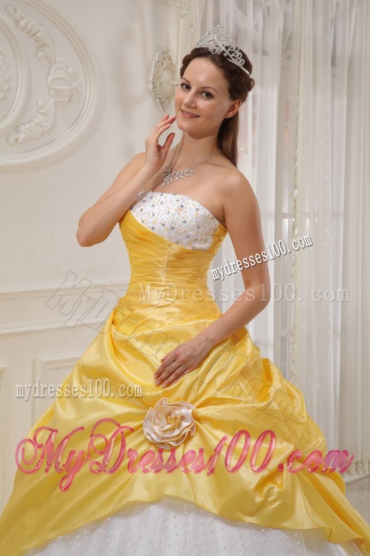 Beading and Hand Made Flower Yellow and White Quince Dress
