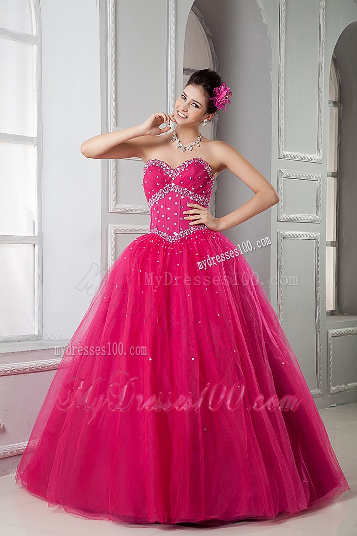 Sweety Hot Pink Sweetheart Tulle Beaded Quinceanera Gown