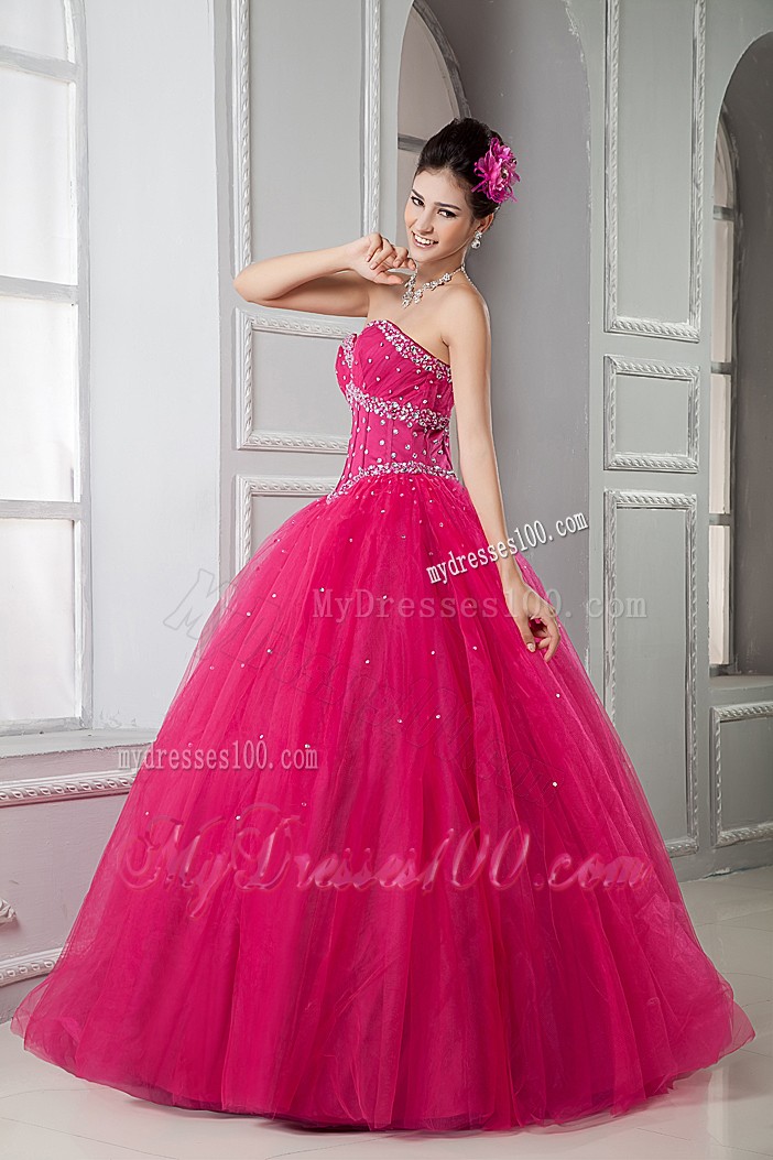 Sweety Hot Pink Sweetheart Tulle Beaded Quinceanera Gown