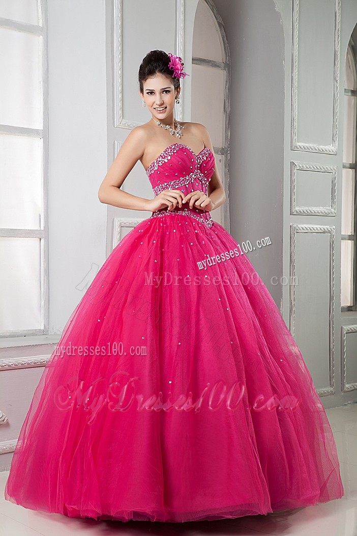 Sweety Hot Pink Sweetheart Tulle Beaded Quinceanera Gown
