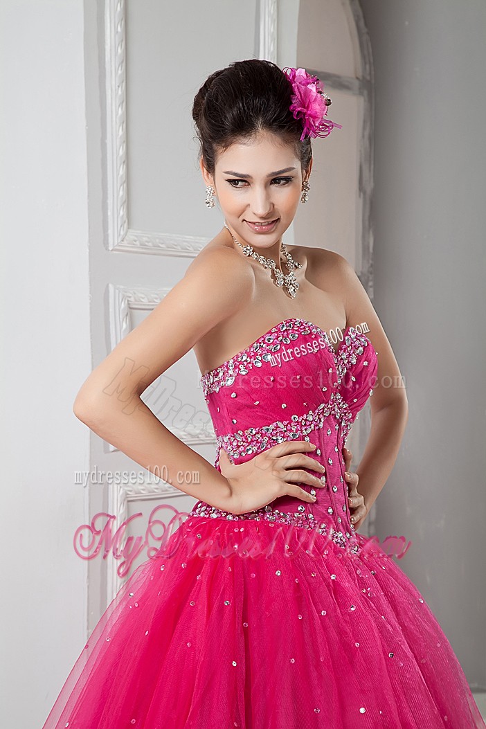 Sweety Hot Pink Sweetheart Tulle Beaded Quinceanera Gown