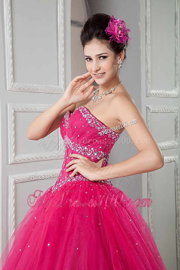 Sweety Hot Pink Sweetheart Tulle Beaded Quinceanera Gown