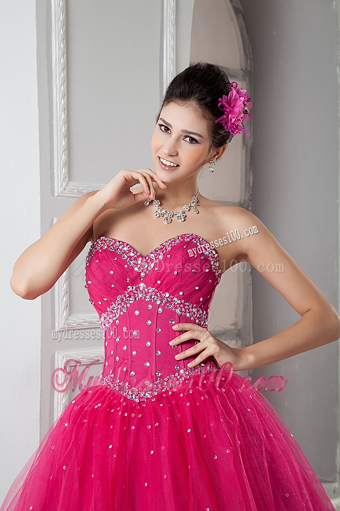Sweety Hot Pink Sweetheart Tulle Beaded Quinceanera Gown