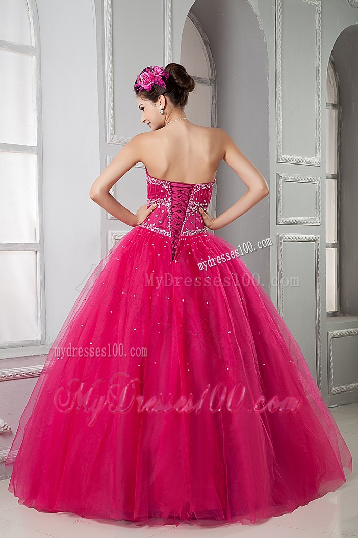 Sweety Hot Pink Sweetheart Tulle Beaded Quinceanera Gown