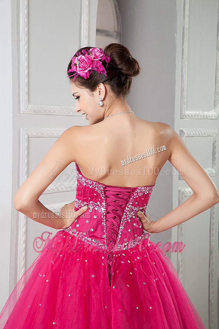 Sweety Hot Pink Sweetheart Tulle Beaded Quinceanera Gown
