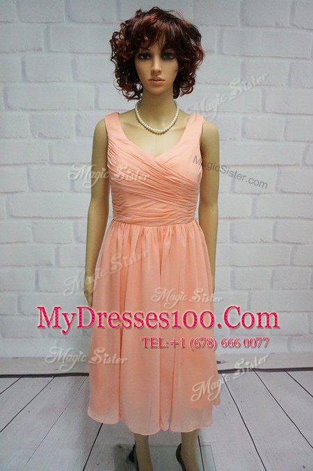 Artistic Chiffon Straps Sleeveless Lace Up Ruching Prom Party Dress in Peach