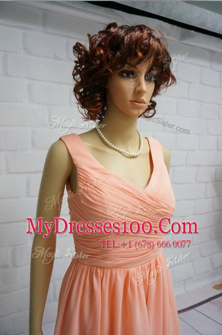 Artistic Chiffon Straps Sleeveless Lace Up Ruching Prom Party Dress in Peach