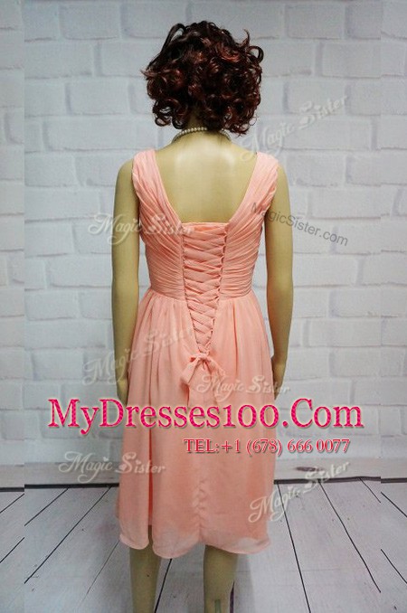 Artistic Chiffon Straps Sleeveless Lace Up Ruching Prom Party Dress in Peach