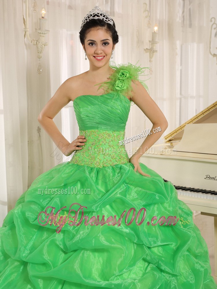 Flowery Single Shoulder Spring Green Dresses 15 with Pick-ups