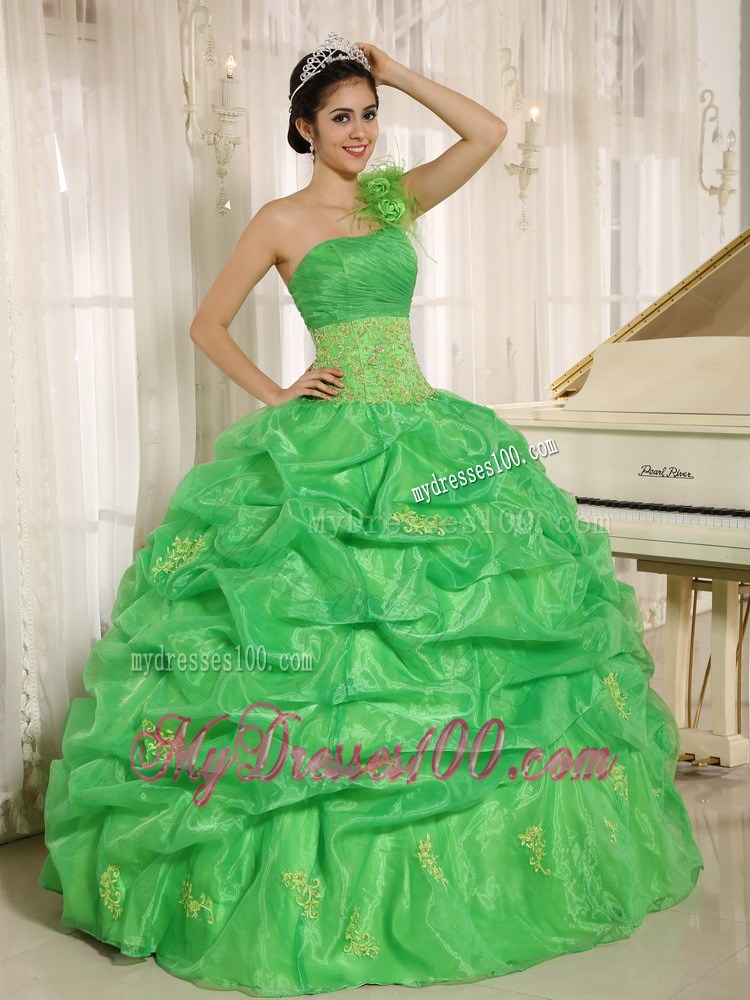 Flowery Single Shoulder Spring Green Dresses 15 with Pick-ups