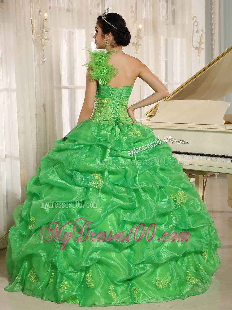 Flowery Single Shoulder Spring Green Dresses 15 with Pick-ups