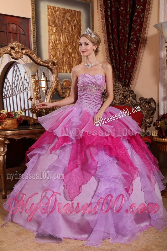 Popular Lavender and Pink Ruched Puffy Floor-length Dresses for Quinceanera