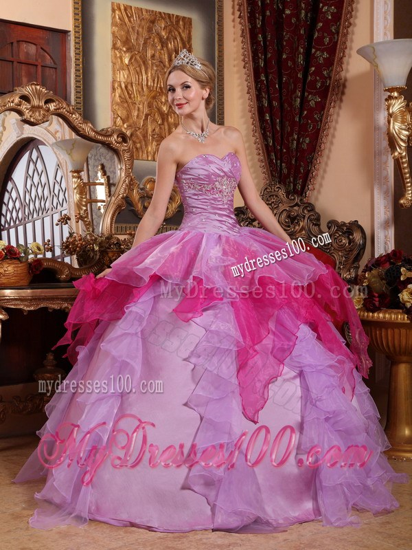 Popular Lavender and Pink Ruched Puffy Floor-length Dresses for Quinceanera