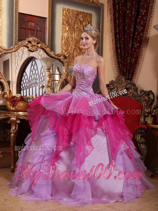 Popular Lavender and Pink Ruched Puffy Floor-length Dresses for Quinceanera