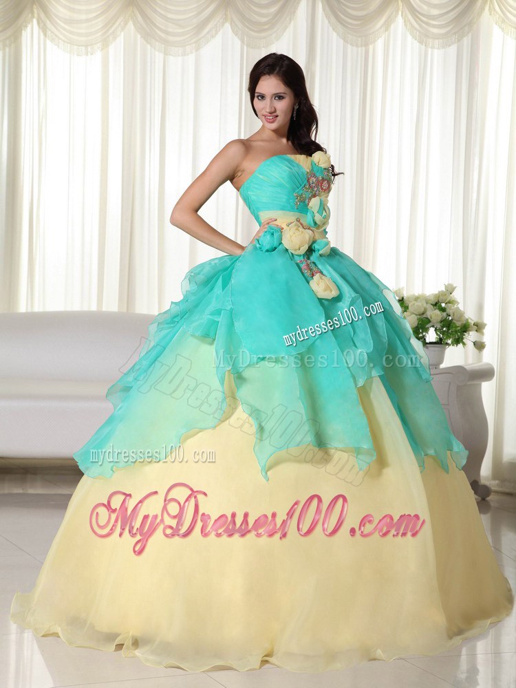 Yellow and Apple Green Zipper Up Quinceanera Dress with Flowers