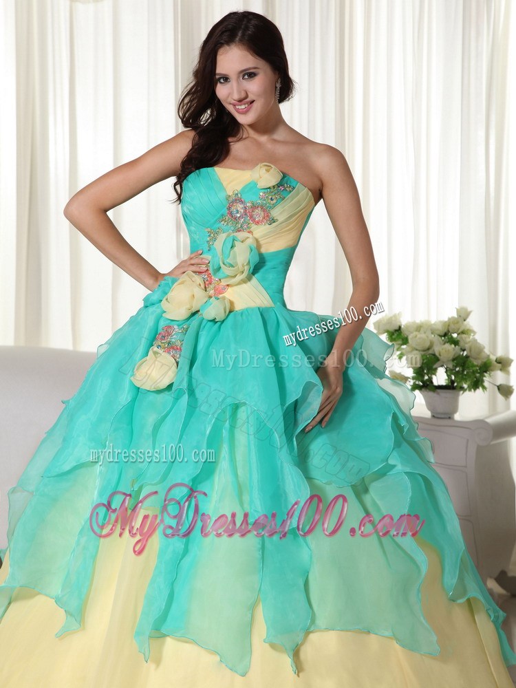Yellow and Apple Green Zipper Up Quinceanera Dress with Flowers