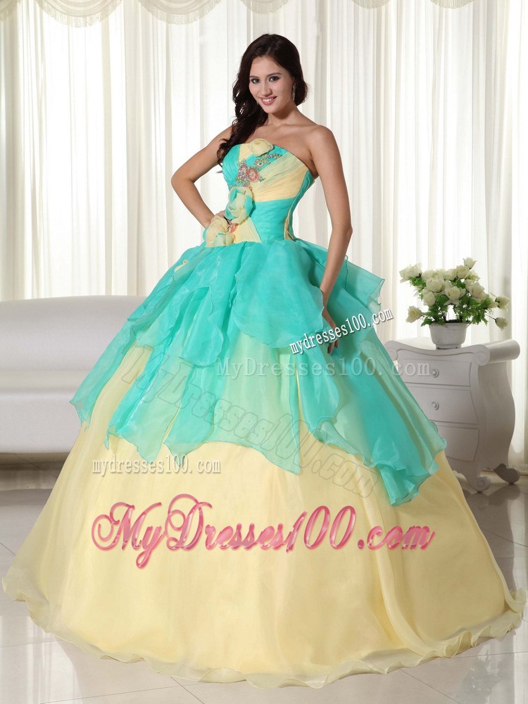 Yellow and Apple Green Zipper Up Quinceanera Dress with Flowers