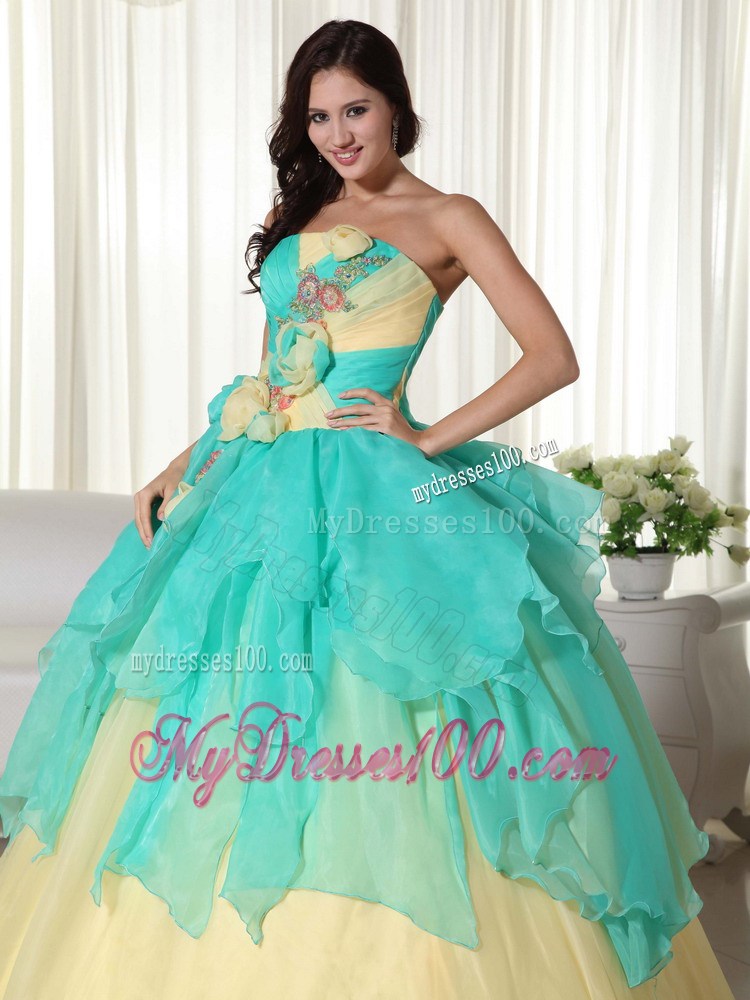 Yellow and Apple Green Zipper Up Quinceanera Dress with Flowers