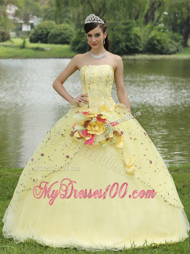 Beaded Yellow Quinceanera Dress with Colored Embroidery and Flower