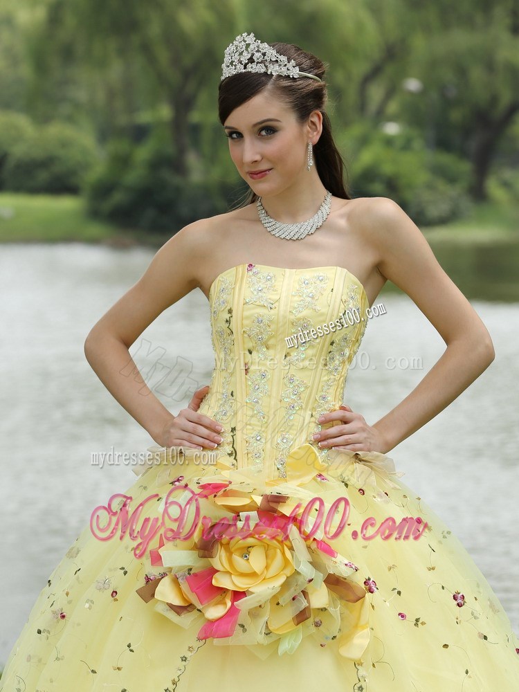 Beaded Yellow Quinceanera Dress with Colored Embroidery and Flower