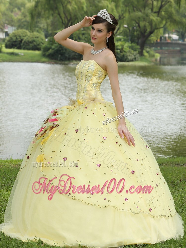 Beaded Yellow Quinceanera Dress with Colored Embroidery and Flower