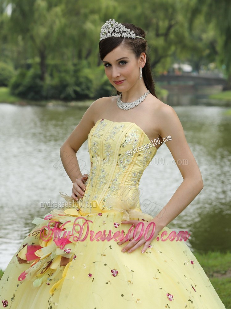 Beaded Yellow Quinceanera Dress with Colored Embroidery and Flower