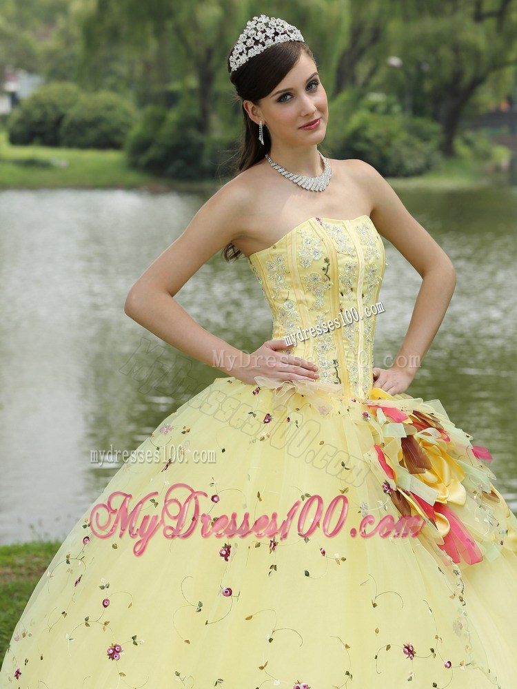 Beaded Yellow Quinceanera Dress with Colored Embroidery and Flower