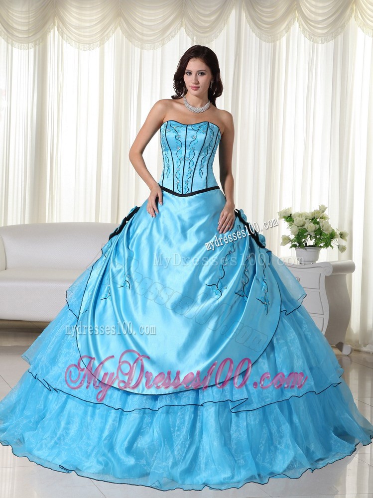 Aqua Blue Floor-length Embroidery Flower Layered Dresses for 15