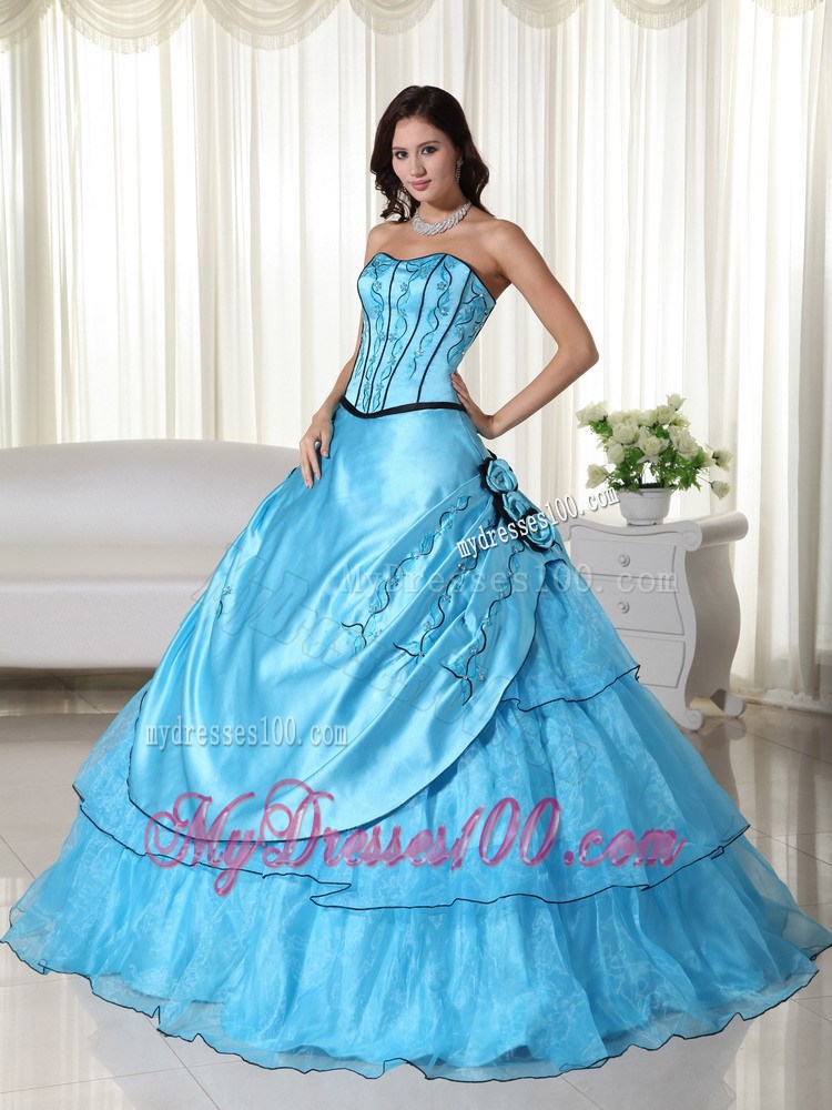 Aqua Blue Floor-length Embroidery Flower Layered Dresses for 15